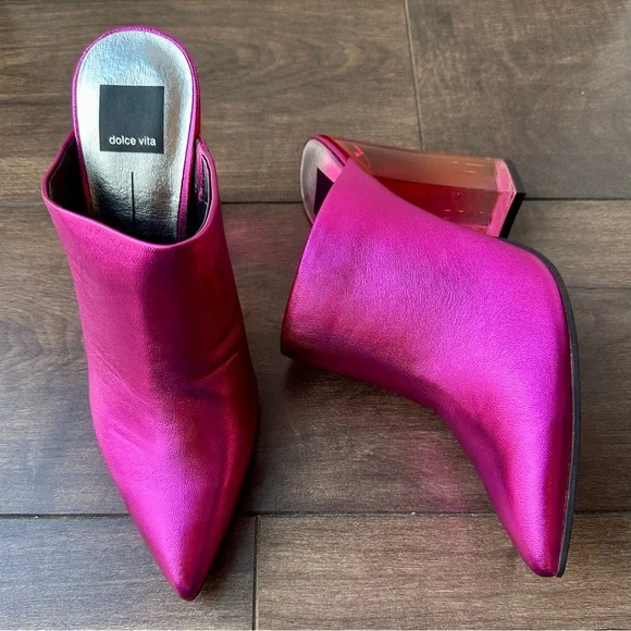 Dolce Vita Enya Mules - Fuchsia Metallic Leather - Size: 8 - Clear Block Heel - Picture 2 of 10